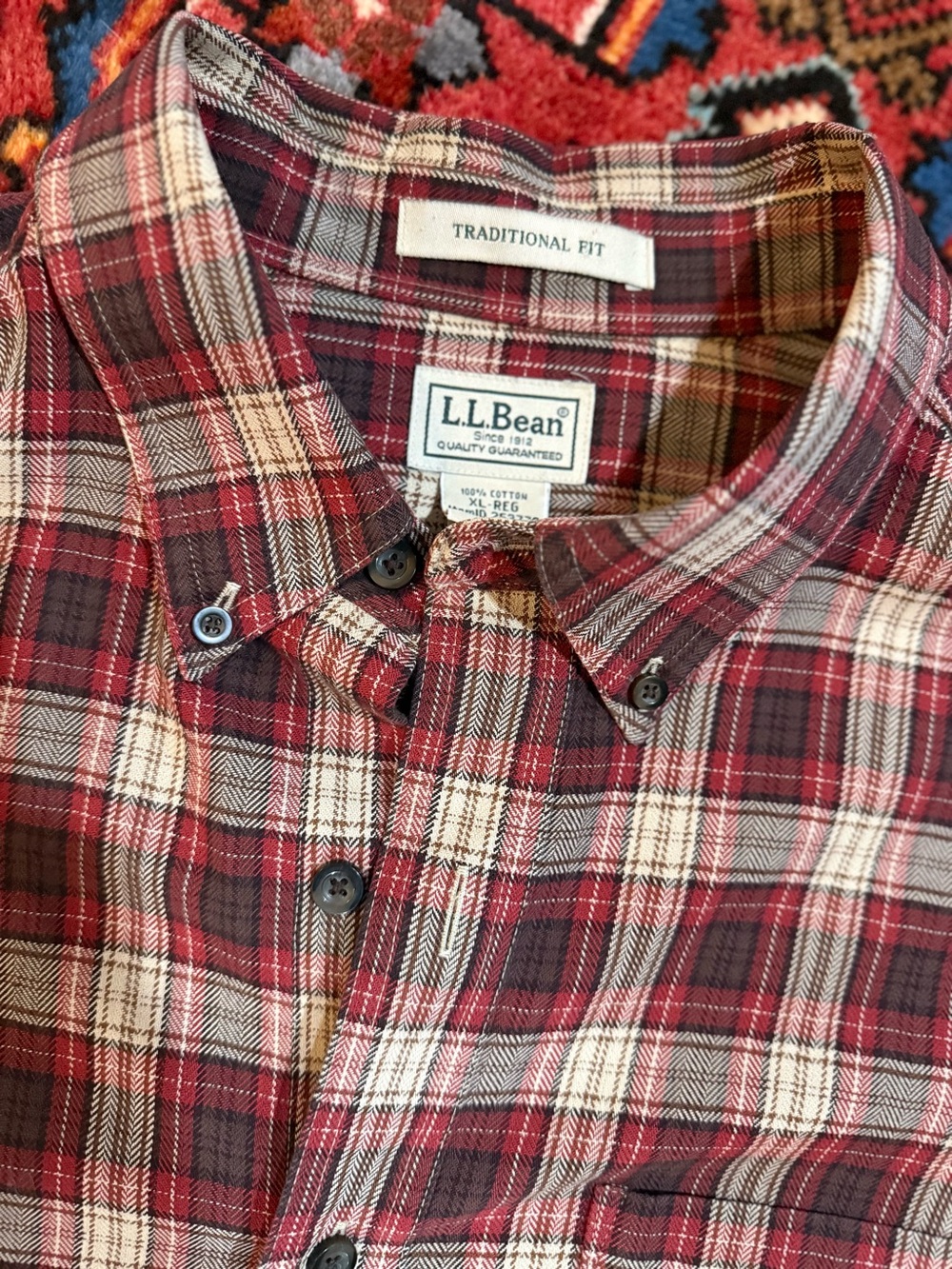 L.L. Bean Traditional Fit Flannel Red and White Plaid Button-Down Shirt